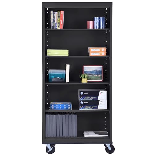 Sandusky Lee BM40361872-09 Mobile Bookcase with 4 Adjustable Shelves, Steel Rolling Bookshelf Storage Cabinet, 78"H, Black Sandusky