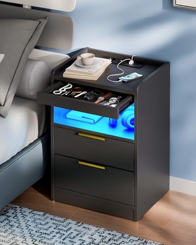 Mondeer Night Stand with Hidden Compartment, Black LED Nightstand with USB/Type-C Charging Station, Modern Bedside Table with 3 Drawers, for Bedroom Office,13.8" D x 15.7" W x 23.6" H Mondeer
