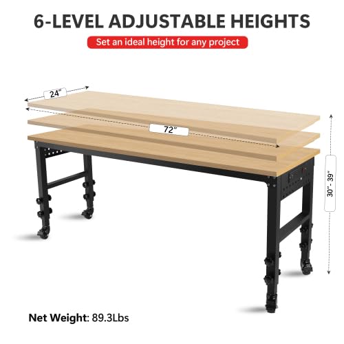 72" × 24'' Height Adjustable Workbench - Rolling Heavy-Duty Worktable with Power Outlet and Wheels, Large Load Capacity Rubber Wood Top Workbench for Garage Office Workshop Home (72" × 24'') Arbacipher