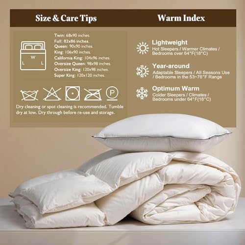 BPC Lightweight Organic Feather Down Comforter Oversized King, Hotel-Luxury Fluffy Duvet Insert with Cotton Cover and Puffy Feather Down Filling, for Summer/Hot Sleepers, Ivory White, 120x98 Inches BPC