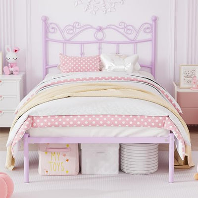 Merronix Twin Bed Frames with Headboard, Elegant Metal Bed Frame for Kids Girls, Modern Twin Size Platform Bed - No Box Spring Needed, 11.2 Inches Height Underbed Storage - Purple