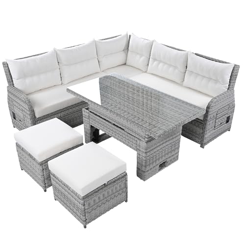YOPTO 8-Piece Outdoor Furniture Couch Set,Rattan Patio Conversation Sectional Sofa Set with Adjustable Table,Recliners W/Extendable Side Tables & 2 Movable Ottomans,for Patio,Lawn,Backyard,Pool,Beige YOPTO