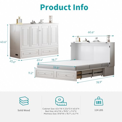 BALUS 63.4" W Queen Size Murphy Bed Cabinet with Tri-Folding Mattress and Storage Drawers, Modern Adults Chest Cube Cabinet Bed with Built-in USB Charging Station for Living Bedroom Apartment, White BALUS