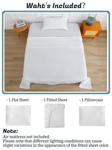 Extra Deep Pocket Twin Sheet Set for Air Mattress, 3 Piece Air Bed Sheets Set with 18-24 Inches Depth, Soft & Breathable Inflatable Bed Sheet Set with Flat Sheet, Fitted Sheet and Pillowcase, White Akicia