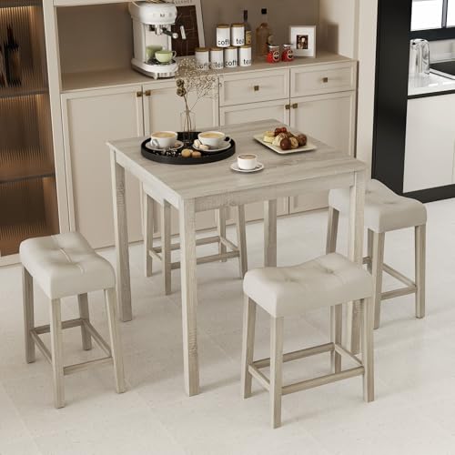 COSTWAY 5-Piece Bar Table Set, Square Breakfast Set for 4 w/Padded Stools, Small Kitchen Table Set w/Rubber Wood Legs, Space-Saving Dining Table Set for Living Room, Kitchen, Small Space COSTWAY