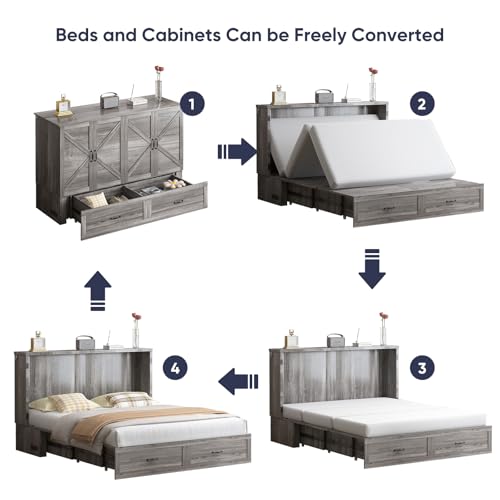 ZAFLY Murphy Bed Queen, Cabinet Bed with Tri-Folding Mattress, Hidden Guest Wall Beds with USB Charging Station & Storage Drawers, Modern Multifunctional Cabinet Murphy Beds, Saving Spaces - Grey ZAFLY