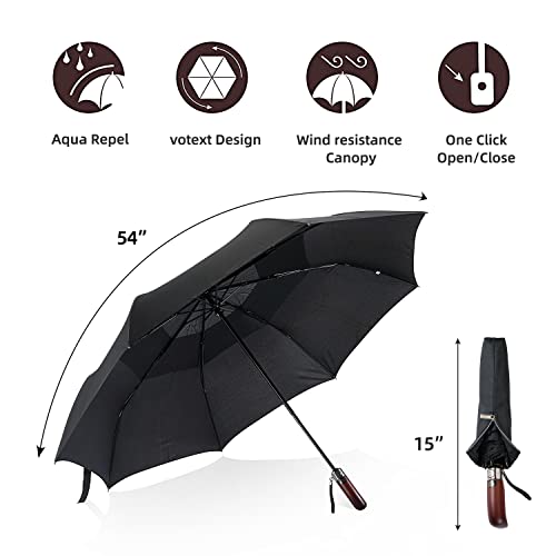 Travel Umbrella 54Inch, Windproof Umbrella,Rain Umbrellas,Large Umbrella,Strong and Portable,Golf 210T Vented for Men and Women,Wooden Handle by Pattecor(Black) Nothers