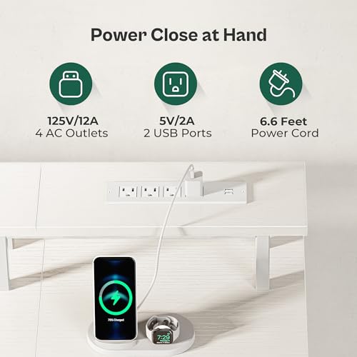 Huuger 55 Inch Computer Desk with Power Outlets and LED Lights, Gaming Desk with 4 Drawers, Office Desk with Monitor Stand, Study Desk Work Desk for Home Office, White Huuger