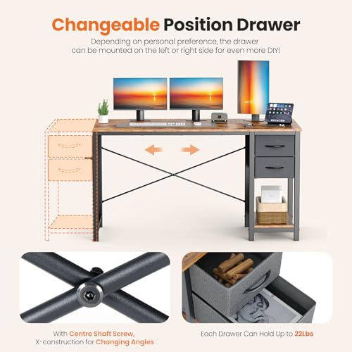 Sweetcrispy 40 Inch Computer Desk with Drawers for Home Office, Writing Desk with X-Shaped Reinforcement, Wood Table with Adjustable Position Drawers, Modern Study Work Table with Side Hook, Rust Sweetcrispy