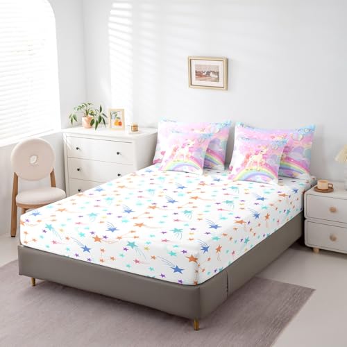 Feelyou Unicorn Girls Bed in a Bag King Rainbow Kids Pink Unicorn Comforter Set with Sheets Kawaii Cute Stars 7 Piece Bedding Set Teens Children Adults Cartoon Unicorn Room Decor All Season Feelyou