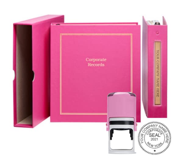 Corporate Kit (Pink) - Binder, Slipcase, Minutes & Bylaws, Stock Certificates, Index Tabs & Pink R-542 Self-Inking Corporate Seal Stamp Hubco