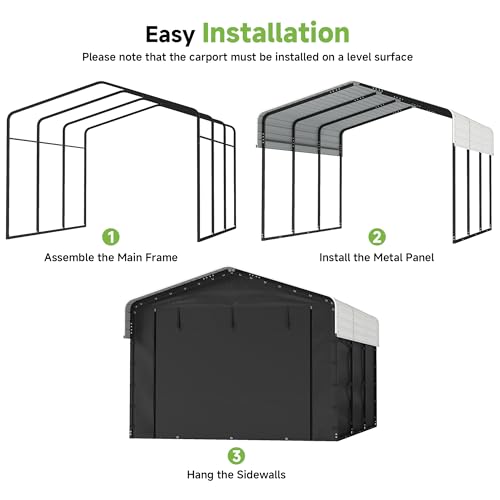 Real Relax 10×15FT Heavy Duty Carport with Removable Sidewalls, Metal Car Port Multi-Use Outdoor Storage Trucks, Cars, Boats, Galvanized Metal Roof, Cream White Real Relax