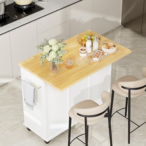 Shintenchi Kitchen Island with Storage, Bar Cart Cabinet Island Table on Wheels, Rolling Microwave Cart for Kitchen with Drop Leaf, Drawers, Towel Rack, Seating Area for Dining Room, White Shintenchi