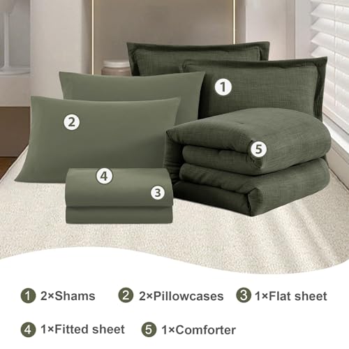 Geniospin Dark Olive Green Oversize Queen Comforter Set - 7 Pieces Comforter Queen Size, Solid Bedding Set for All Season, Textured Bed in a Bag with Sheets Geniospin