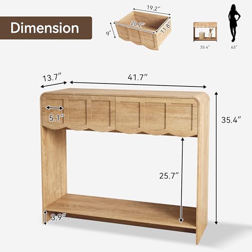 Topbele Console Table with 2 Drawers, Mid-Century Modern 42" Entryway Table with Open Storage Shelves, Sofa Table Behind Couch for Living Room, Hallway, Natural Topbele