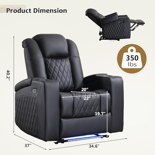 ANJ Home Theater Seating Power Recliner with Hidden Arm Storage, Faux Leather Recliners with LED Light, Electric Movie Reclining Chairs with USB Ports & Cup Holders for Media Living Room, Black