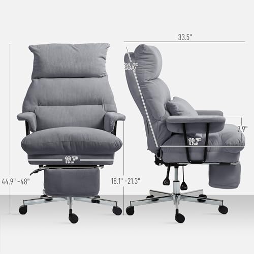 HOMCOM Large Overstuffed Office Chair with Lumbar Support, High Back Reclining Executive Corduroy Computer Desk Chair with Footrest, Swivel Wheels, Gray HOMCOM