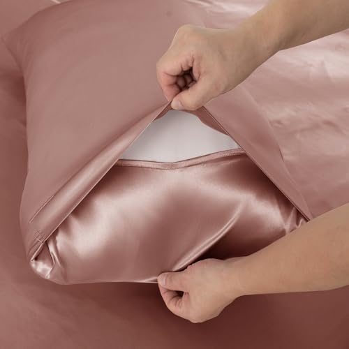 NSGZ 2 Pcs Satin Fitted Sheet and Pillowcase Set, Twin Silky Bottom Bedsheet Fit up to 15 Inch Deep Pocket Mattress, Champagne Soft Satin Bedding Includes 1 Fitted Sheet and 1 Pillowcases NSGZ