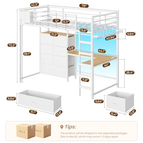 DICTAC Twin Size Loft Bed with L-Shaped Desk and 7 Storage Drawers,Metal Twin Loft Bed for Kids with LED Lights and Charging Station,13.11" H Safety Guardrail and Ladder,No Box Spring Needed, White DICTAC