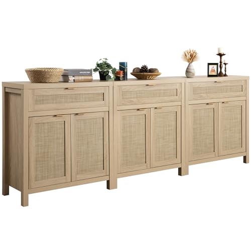 SICOTAS Sideboard Buffet Storage Cabinet Set of 3, Rattan Credenza Buffet Table, Boho Console Accent Cabinet with Doors and Drawer, Coffee Bar Cabinet for Kitchen Entryway Living Room, Natural SICOTAS