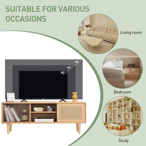 Welnow Rattan TV Stand for Up to 55 Inch, Mid Century Modern Bamboo Entertainment Center with 2 Cabinets & Adjustable Shelf, Storage Media Console Table for Living Room, Bedroom, Natural Welnow