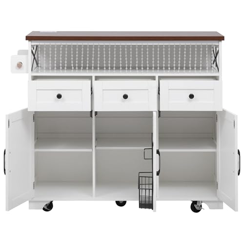 Ball & Cast Farmhouse Kitchen Island with Drape of Beads & Power Outlet, Rolling Kitchen Cart on 5 Wheels, 3 Drawers, Internal Iron Shelf & Towel Rack, for Kitchen & Dining Room, White Ball & Cast