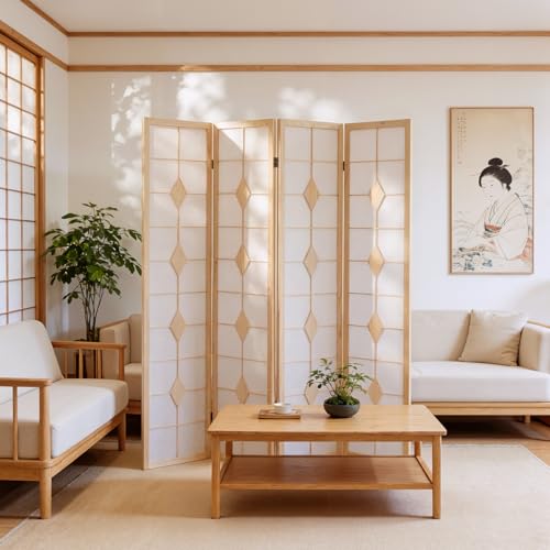 Shoji Room Divider, 67 Inch Tall Japanese Style Room Divider, Folding Privacy Shoji Screen, Dividers for Room Separation, Portable Partition for Home Office - 4 Panel (White) ZFFURN