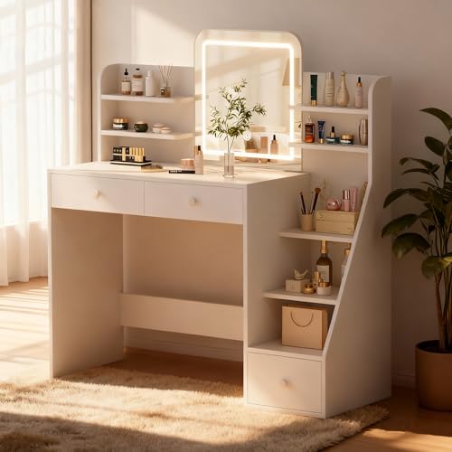 Oiroporz White Makeup Vanity Desk with LED Mirror & 5-Tier Sloped Shelves, 7 Open Storage Areas & 3 Drawers, Adjustable 3-Color Lighting Dressing Table Oiroporz