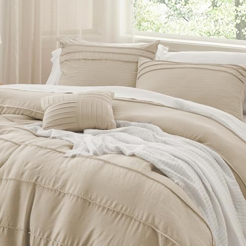 Bedsure Full Comforter Set - 4 Pieces Pinch Pleat Bed Set, Linen Boho Bedding for All Season, 1 Soft Comforter, 2 Pillowcases, 1 Decorative Pillow Bedsure