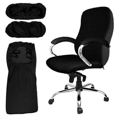Tatuo 3 Pcs Computer Office Chair Cover Universal Rotating Chair Slipcovers Protector Removable Washable Office Armrest Covers with Zipper for High Back Seat Backrest(L,Waffle,Black)