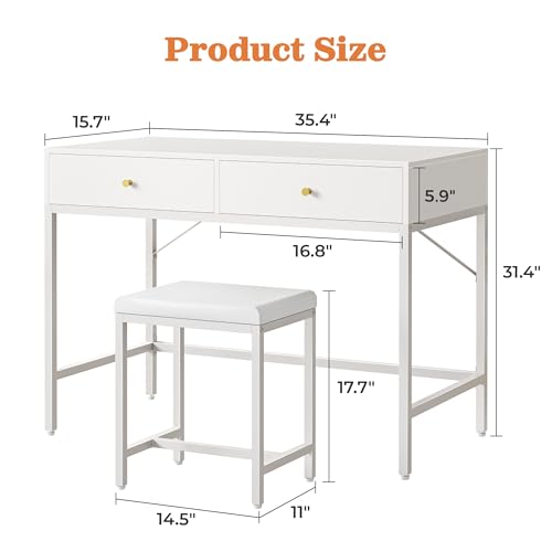 SUPERJARE 35.4" White Desk with 2 Drawers, Modern Makeup Vanity with Padded Stool, Small Computer Desk Home Office Desk for Writing Study Bedroom SUPERJARE