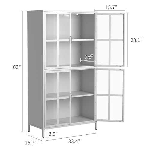Metal Storage Cabinet with Glass Doors, Adjustable Shelves, 72 x 36 x 16 in WoodArtSupply