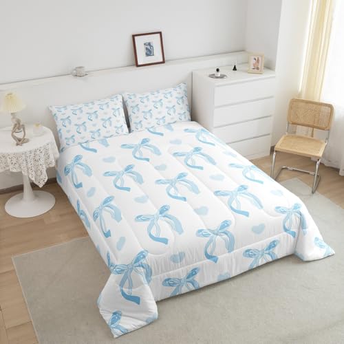 jejeloiu Cute Blue Bow Bedding Set Twin Size Ribbon Bow Comforter Set for Kids Women Cartoon Love Heart Duvet Set Blue White Quilt Set 2Pcs jejeloiu