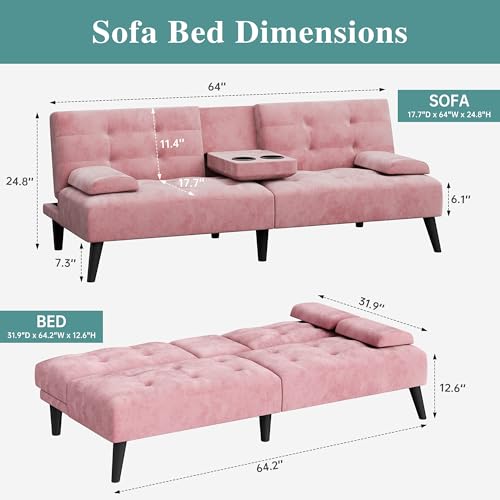 Meilocar Futon Sofa Bed, Modern Convertible Sofa Couch Recliner, 64 in Adjustable Sofa Bed for Living Room, Removable Armrest Pillow, 2 Cup Holders, 3 Angles Back, 5.3FT, Pink Meilocar