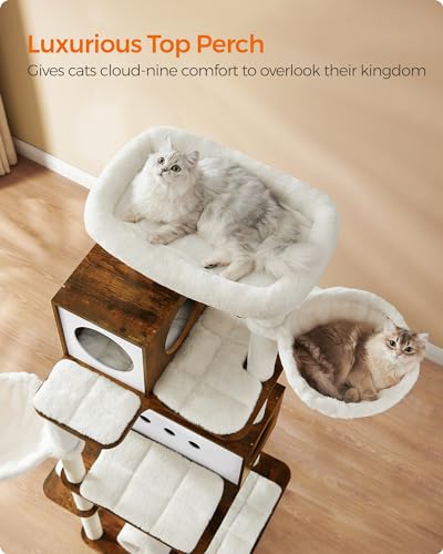 Feandrea Cat Tree, 77.5-Inch Tall Modern Cat Tower, Multi-Level Cat Condo with 2 Caves, 2 Baskets, 4 Scratching Posts, Self-Groomer, Tunnel, Perch, for Indoor Cats, Rustic Brown UPCT193X01 Feandrea