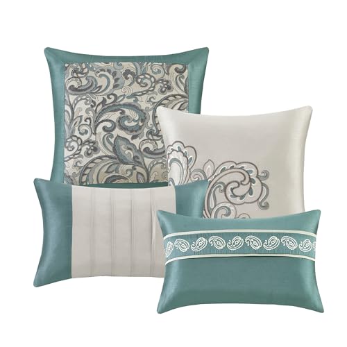 Madison Park Essentials Brystol 24 Piece Room in a Bag Faux Silk Comforter Jacquard Paisley Design Matching Curtains Down Alternative Hypoallergenic All Season Bedding-Set, King (104 in x 92 in), Teal Madison Park