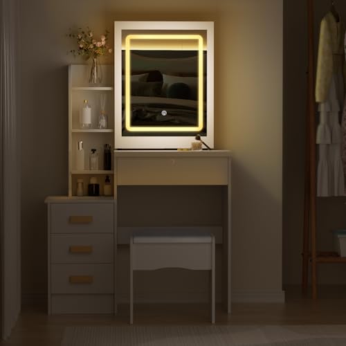 Vanity Desk with Mirror and Lights,Makeup Vanity Desk with Lights 3 Colors,Vanity with 4 Drawers,6 Shelves,Vanity Table Set with Bench for Bedroom,Dressing Table and Chair Set for Girls Women (White) leasote