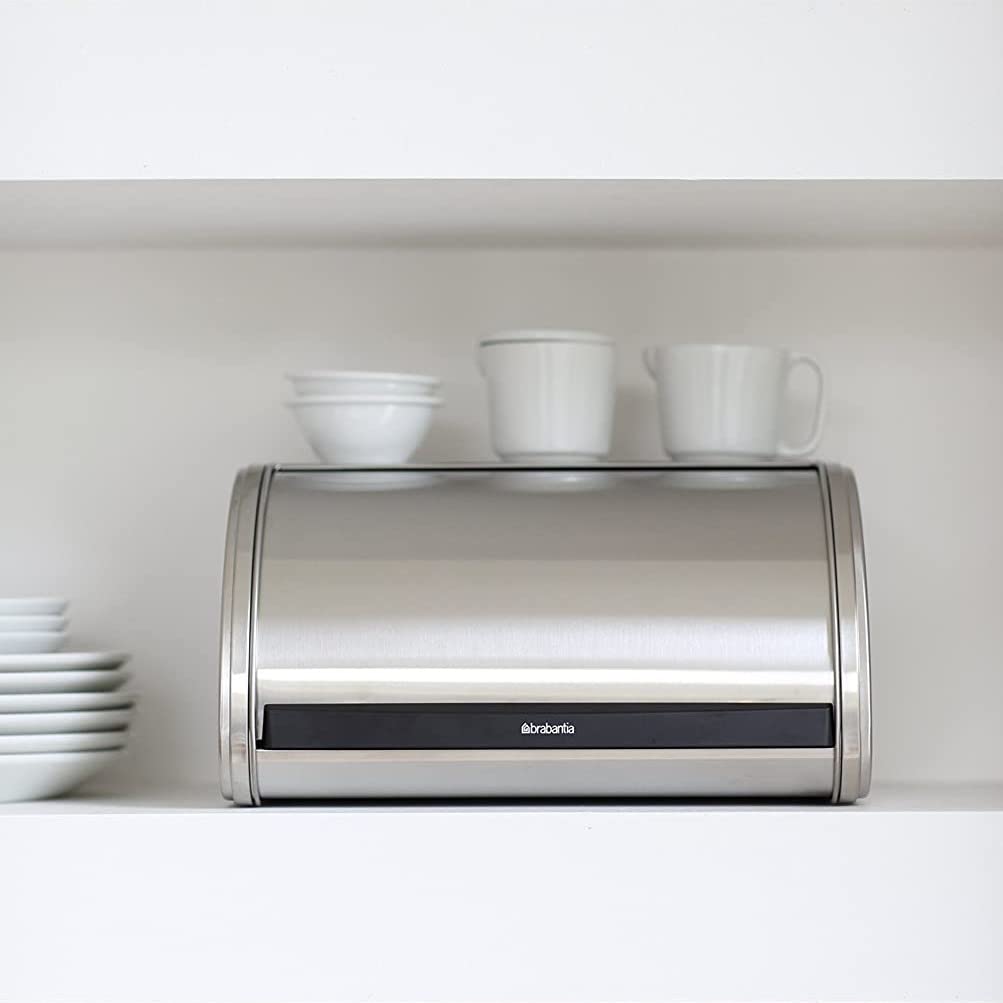 Brabantia Medium Roll Top Bread Box (Matt Steel) Large Grip Front Opening, Partially Flat Top Bread Box, Fits 1 Loaf, Ideal for Kitchen Counter Brabantia