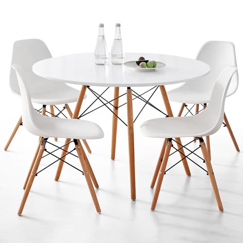 Lecafur HL 5-Piece Round Dining Table Set, Small 35.5" Kitchen Table Chairs Set of 4 Space Saving Furniture, Plastic Seats, Solid Wood Legs, for Living Room Apartment Office Home, White Lecafur HL