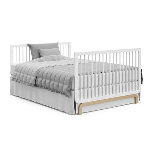 Storkcraft Santorini Deluxe 5-in-1 Convertible Crib with Bonus Toddler Guardrail (White with Driftwood) – GREENGUARD Gold Certified, Toddler Guardrail Included in Box, Fits Standard Crib Mattress Storkcraft
