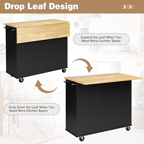 Shintenchi Kitchen Island with Folding Drop Leaf, Rolling Island Table with Storage, Kitchen Cabinet on Wheels with Seating Area for Kitchen, Bar Cart with Cabinet, Black Shintenchi