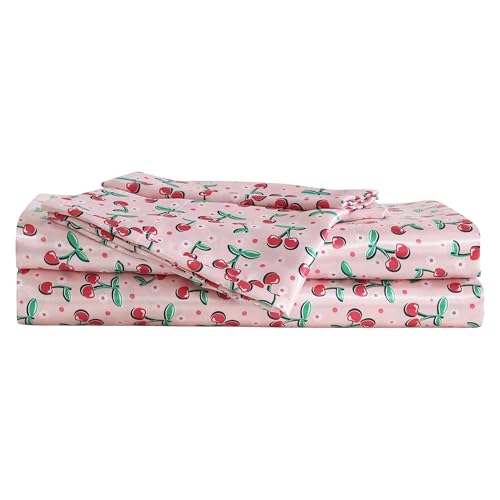 Betsey Johnson - King Bed Sheets, Satin Bedding Set with Matching Pillowcases, Wrinkle & Fade Resistant, Silky Smooth for Healthy Hair (Cherry Good Day Pink) Betsey Johnson