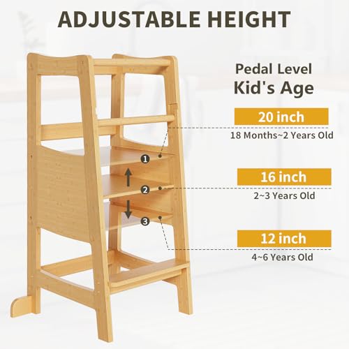 Toddler Standing Tower, Toddler Step Stool with Safety Rail, 3 Heights Adjustable Learning Standing Stool, Wide Platform Design Toddler Step Stool, Toddler Standing Step Stool for Kids xinyoec