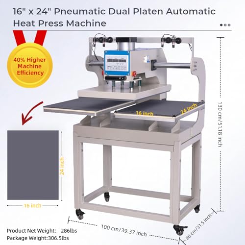 16x24 Commercial Pneumatic Sliding Auto Heat Press with 4 Magnetic Positioning, 2kw, 284lbs, Dual Platen Design,Auto Upsliding Heat Press for T-Shirts, Sublimation Printing, (4 Positioning) Eonvest