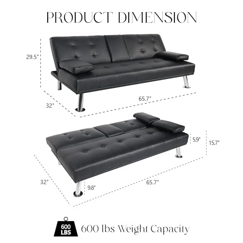 yoyomax Futon Couch, Modern Faux Leather Futon Sofa Bed with 2 Cup Holders and Pillows, Convertible Folding Futon Couch for Compact Living Space, Dorm, RV, Offices, Black yoyomax
