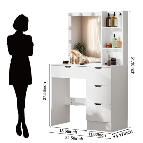 onesaimei Makeup Vanity Desk with Mirror and LED Lights, Vanity Desk with Drawers and Multiple Shelvers, Dressing Table with with Lighted Mirror for Bedroom, White onesaimei