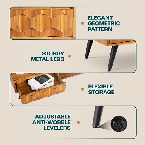 Bme Georgina Solid Wood Coffee Tables for Living Room, Coffee Table Mid Century Modern with 2 Symmetrical Storage Drawers & Geometric Details, Fully Bme