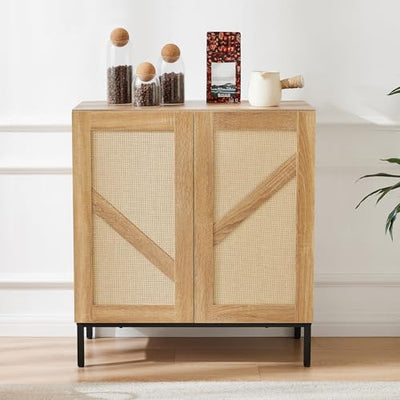 Mericonia Buffet Cabinet with Storage, Sideboards 2 Doors with Metal Base and Adjustable Shelf for Kitchen, Coffee Bar, Entryway, Hallway,Living Room (Rattan Buffet Cabinet, Natural)