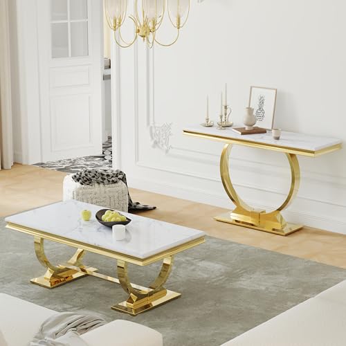 Asday Gold and White Coffee Table, Rectangle Gold Marble Coffee Table, Luxury Elegant Center Table for Living Room, Guest Hall, Reception Room Asday