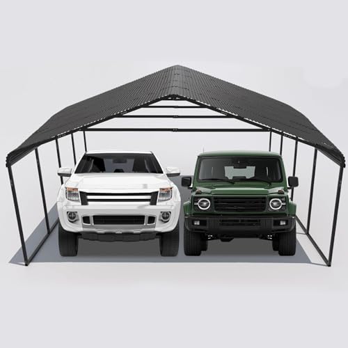 Poborin 20x20 ft Metal Carport for Outdoor Garages Steel Heavy Duty Portable Garage with Large Tall Carports Canopy for Snow, Car Ports with Galvanized Steel Roof & Frame - Grey Poborin